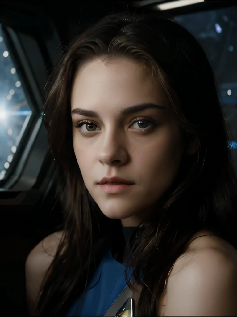 masterpiece, expressive eyes, kristen stewart and alicia silverstone as one person, teenage girl, topless, ultra detailed face, star trek uniform, dynamic pose, on alien planet, crazy plants, holding a futuristic laser weapon