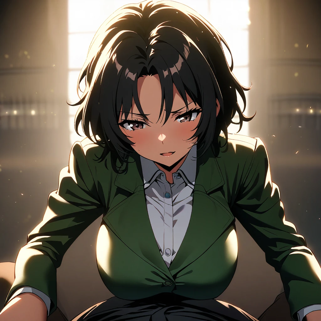 asuka(senran kagura), pov, suits, cool, 1girl, shiny skin, big breasts, cinematic lighting, {{{nipple_penetration}}},