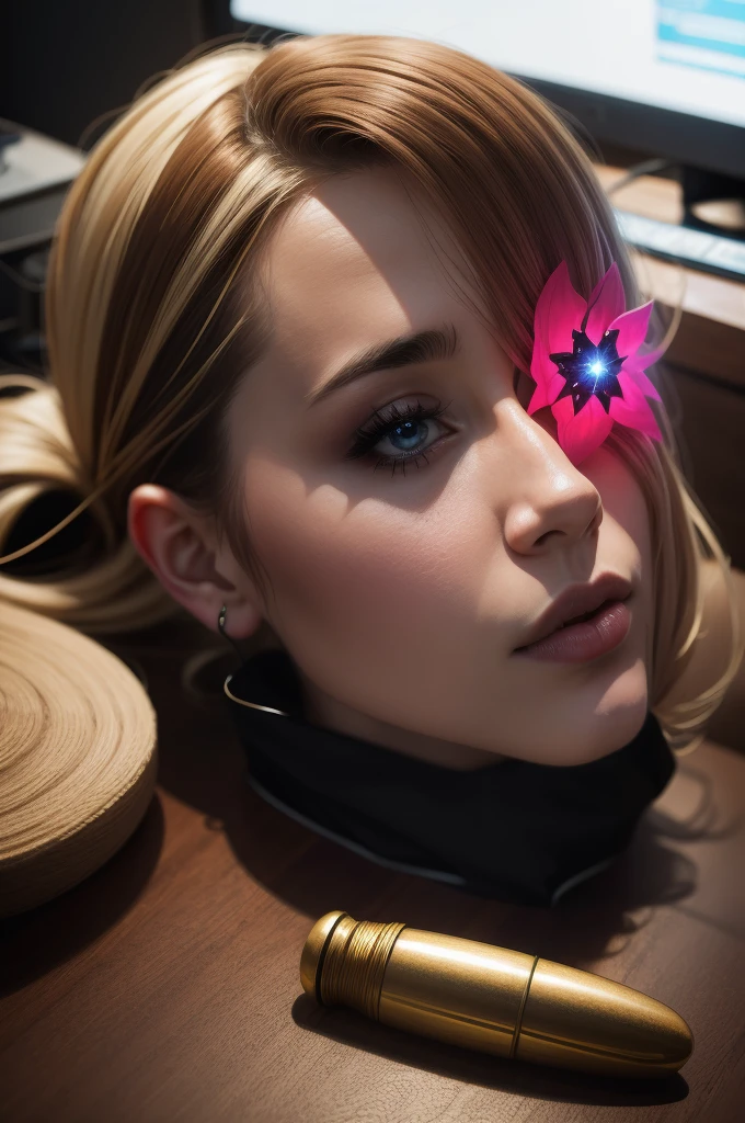 an eye patch is placed on a table, a sublime woman sits next to it, the woman's left eye is replaced by a tiny galaxy, scene in a futuristic laboratory