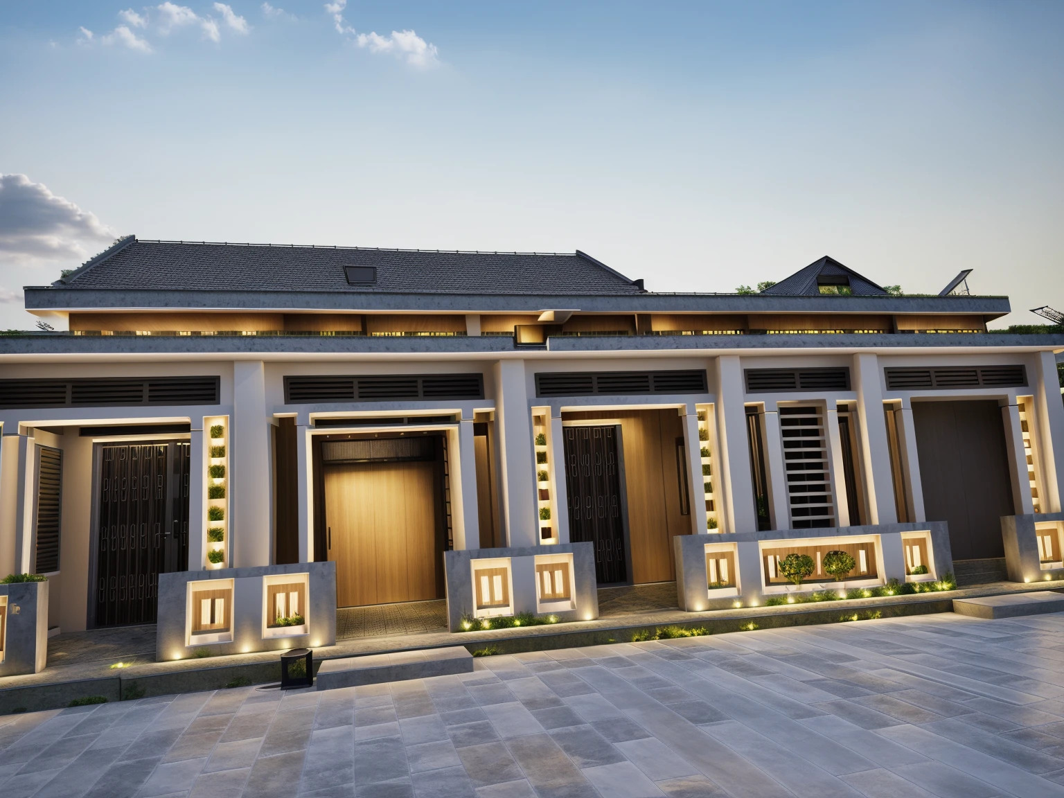 Modern architecture, xinfa aluminum glass doors, (stone wall, white paint), trần ốp gỗ, best quality, super detailed, true, expression, Gray Japanese tile roof, Yellow light temperature 4000k, The courtyard is covered with ceramic tiles, green exterior, evening sky