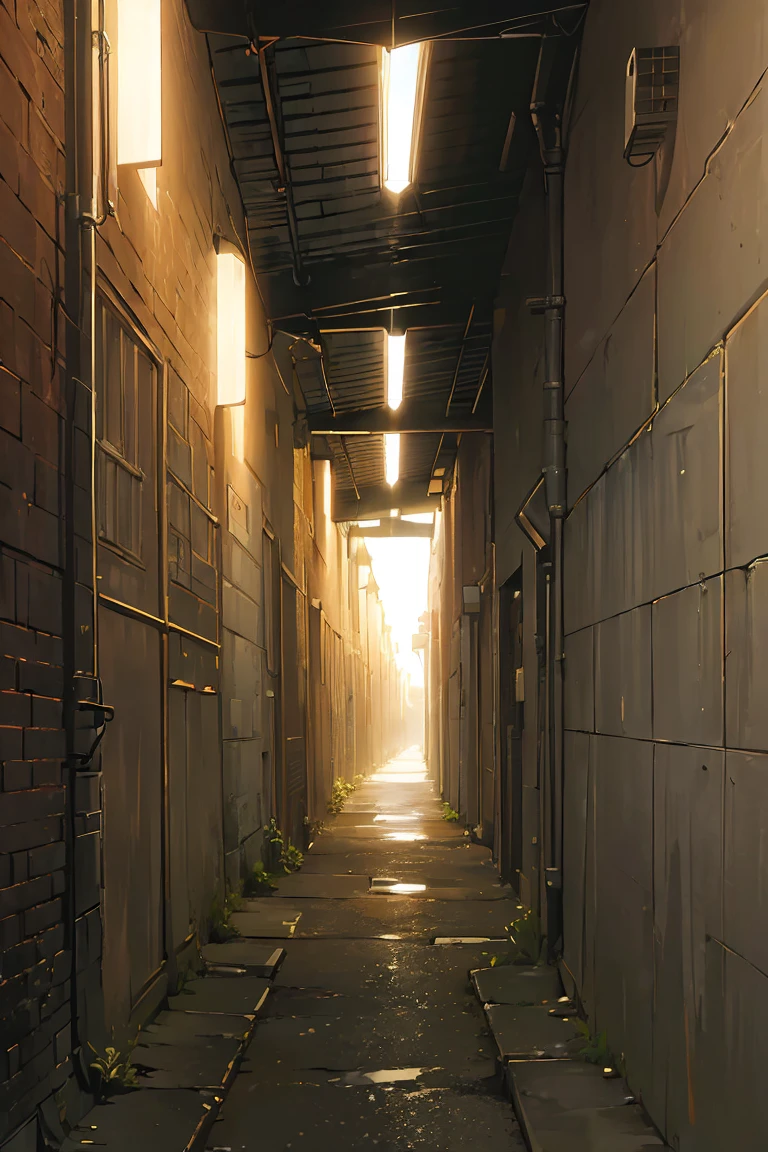 ( masterpiece:1.5), (extremely detailed:1.5), (best quality:1.5), alley, sunset color, 18PM, dark alley, dirty alley, humidity, stone walls, industrial era, ( long alley:1.3), paper on ground, scene