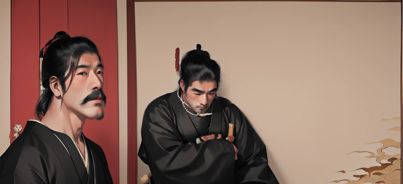 Aravud man in a black shirt sits in front of a painting, Since the Warring States Period, hanging scroll, or period, or method, Japanese Painting, Inspired by Dongyang Sesshu, feudal japan art, 18th century Japan, Inspired by the True Ancestor Hōzan, Written byRyūkōsai Jokei