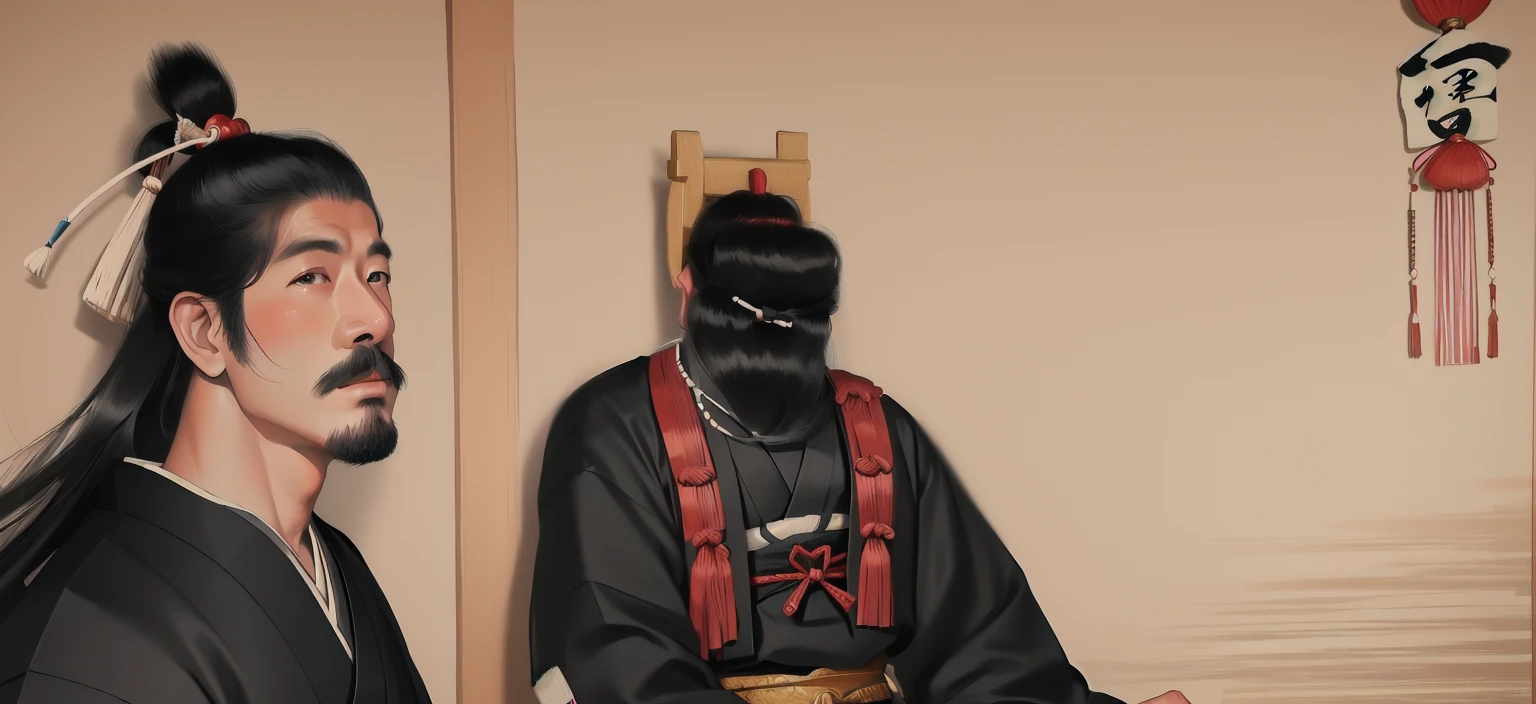 Aravud man in a black shirt sits in front of a painting, Since the Warring States Period, hanging scroll, or period, or method, Japanese Painting, Inspired by Dongyang Sesshu, feudal japan art, 18th century Japan, Inspired by the True Ancestor Hōzan, Written byRyūkōsai Jokei