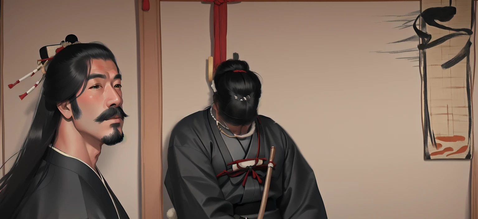 Aravud man in a black shirt sits in front of a painting, Since the Warring States Period, hanging scroll, or period, or method, Japanese Painting, Inspired by Dongyang Sesshu, feudal japan art, 18th century Japan, Inspired by the True Ancestor Hōzan, Written byRyūkōsai Jokei