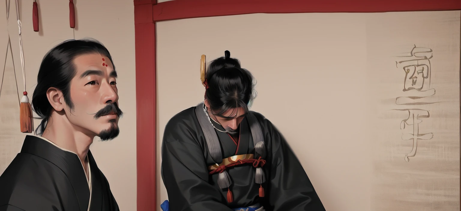 Aravud man in a black shirt sits in front of a painting, Since the Warring States Period, hanging scroll, or period, or method, Japanese Painting, Inspired by Dongyang Sesshu, feudal japan art, 18th century Japan, Inspired by the True Ancestor Hōzan, Written byRyūkōsai Jokei