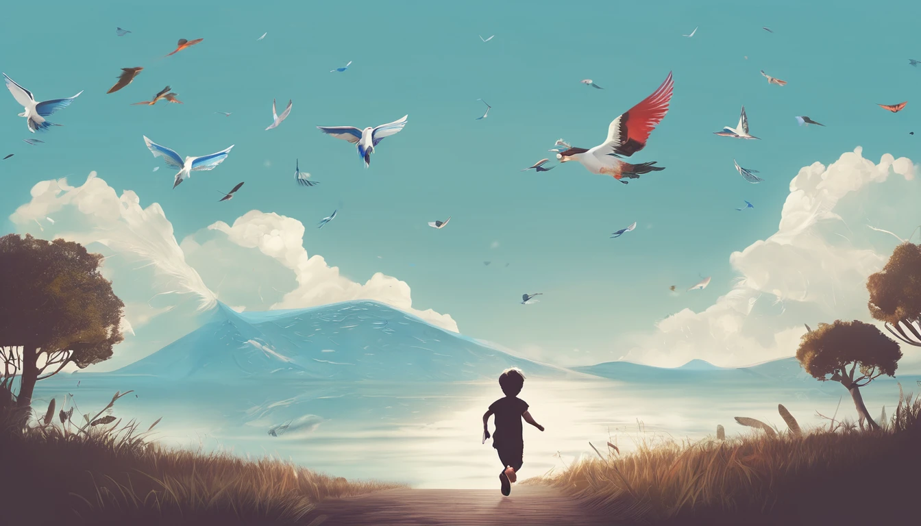 Create a professional, fantastic, cinematic Youtube Banner for a brand about music and stories called " Penamemoria". Masterpiece, 4k, sharp focus, highest quality,wide shot. Imagine a half a feather, half a fantasy boy. The title is " Penamemoria". Is a brand about the creative, unique journey of a boy into becoming a musician storyteller. In his journey he finds inspiration in a world of birds and feathers. Minimalistic, simple, poetic, dreamy logotype at the center of the image. The Background image is a world full of fantastic feathers, unique birds, light blue sky, and a boy running happily into the horizon with an acoustic guitar in his right hand. Boy running against the wind, almost simulating like he is flying