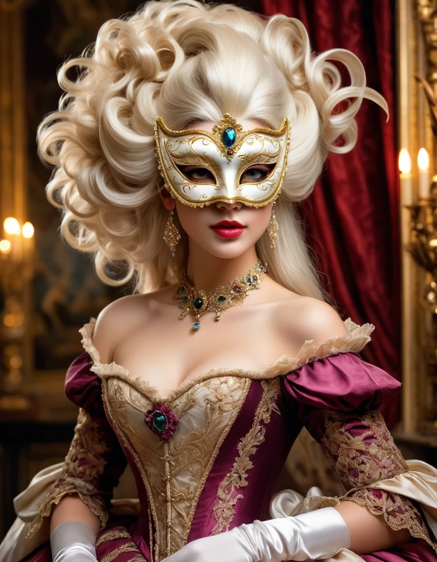 Very attractive 25 year old with platinum blonde hair, This image should be detailed, mysterious and realistic., With high-quality artwork. Make yourself proud, Marie Antoinette, Beautiful women from the 18th century wear beautiful and intricately detailed silk dresses adorned with lace and jewels.. She was among the elegant masked balls at Versailles and surrounded by music., Royal Decor, and expensive specs.. ((This girl has a beautiful and luxurious masquerade mask inspired by fantasy legends..)) Her face is intricately detailed and realistic with swollen lips and a big mouth.. important: Her eyes are important and beautiful., With lots of realistic details, Realistic shading, and many colors and shades.. This scene is a beautiful masquerade ball., By the nobility, Social People, And mysterious guests from distant lands gather for an unforgettable night.. From Venetian masks to exquisite feather creations., The disguise of each guest reflects a unique personality and unspoken desires.. Immerse yourself in the charm of this 19th-century masquerade ball, Where the elegance of a bygone era and the mystery of the mask combine to create a charming experience that will remain in your heart forever.. Use dynamic elements to grab your audience's attention.. (((masterpiece))), intricate, Elegant, high-detail, majestic, Digital Photography, Art by Artgerm and Ruan Jia and Greg Rutkowski, (masterpiece, finely detailed beautiful eyes: 1.2), HDR, realistic skin texture, (((1woman))), (((bara)))