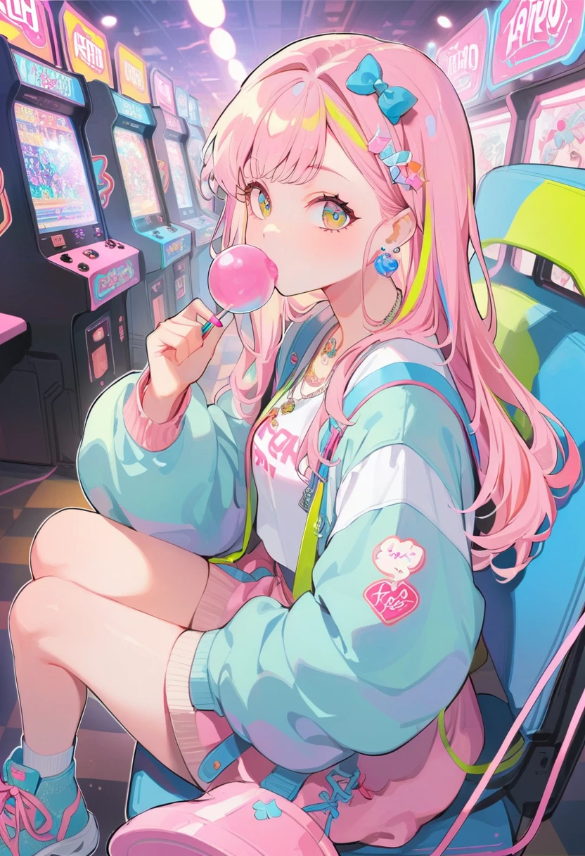 1girl, eating bubble gum, multi colored hair, shoulder length hair, retro outfit, sneakers, side eye, sitting, hyper pop, at arcade, retro vibe, outline, masterpiece, best quality, 