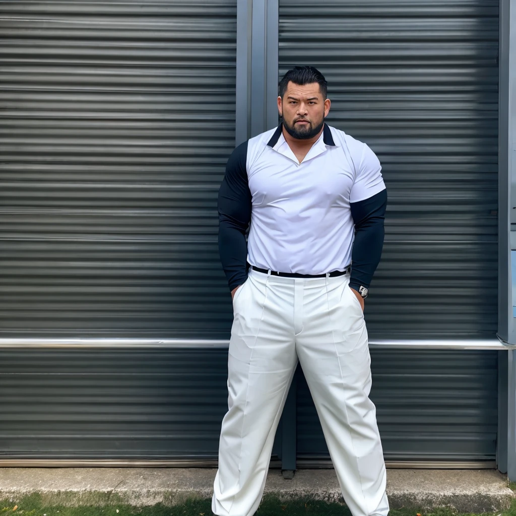 big, Fat Japanese man in a suit、whole body、office、Thick legs、Thick arm muscles、Intimidating、short hair、Kind Face、Long sleeve black jacket、Black trousers、Tight arm circumference、Long trousers、Tight suspension、Blue tie、tight white shirt、Groin bulge、Shirt tucked into pants、A very good rugby player、Intimidating、Having sex、Shiny black trousers、40 years old、tall