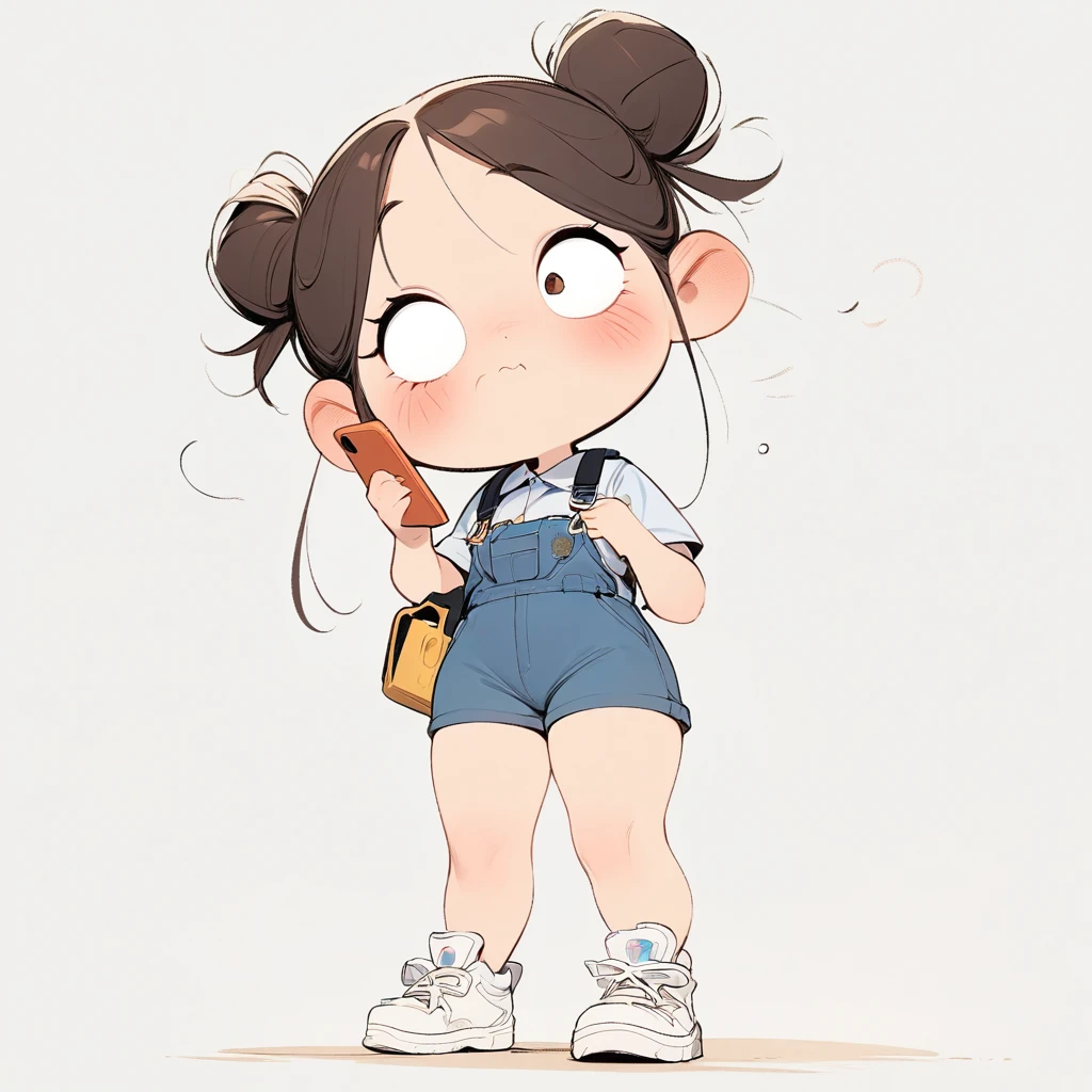 (masterpiece, best quality:1.2), cartoonish character design。Pure white background，1 girl chatting on her mobile phone, big eyes，cute expression，Two hair buns，police uniform，Overalls，White sneakers，stand，interesting，interesting，clean lines
