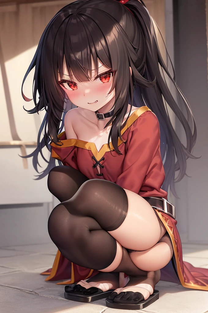 Megumin, kono subarashii sekai ni shukufuku wo!, 1 girl, alone, Looking at the audience, have, witch have, Brown Hair, Short and long hair, Red eyes, blush, With an evil smile, Black choker, clavicle, Flat Chest, off-shoulder dress, dress, red dress, Brown cloak, Long sleeve, Black gloves, Fingerless gloves, belt, brown belt, Gold border, zettai ryouiki, Skin dents, (Asymmetrical legwear:1.4), Mismatched legwear, (Bandaged leg:1.3), Black Stockings, (Put your arms behind your back:1.3), ((Squat:1.5))、((Black panties visible:1.5))、White background、