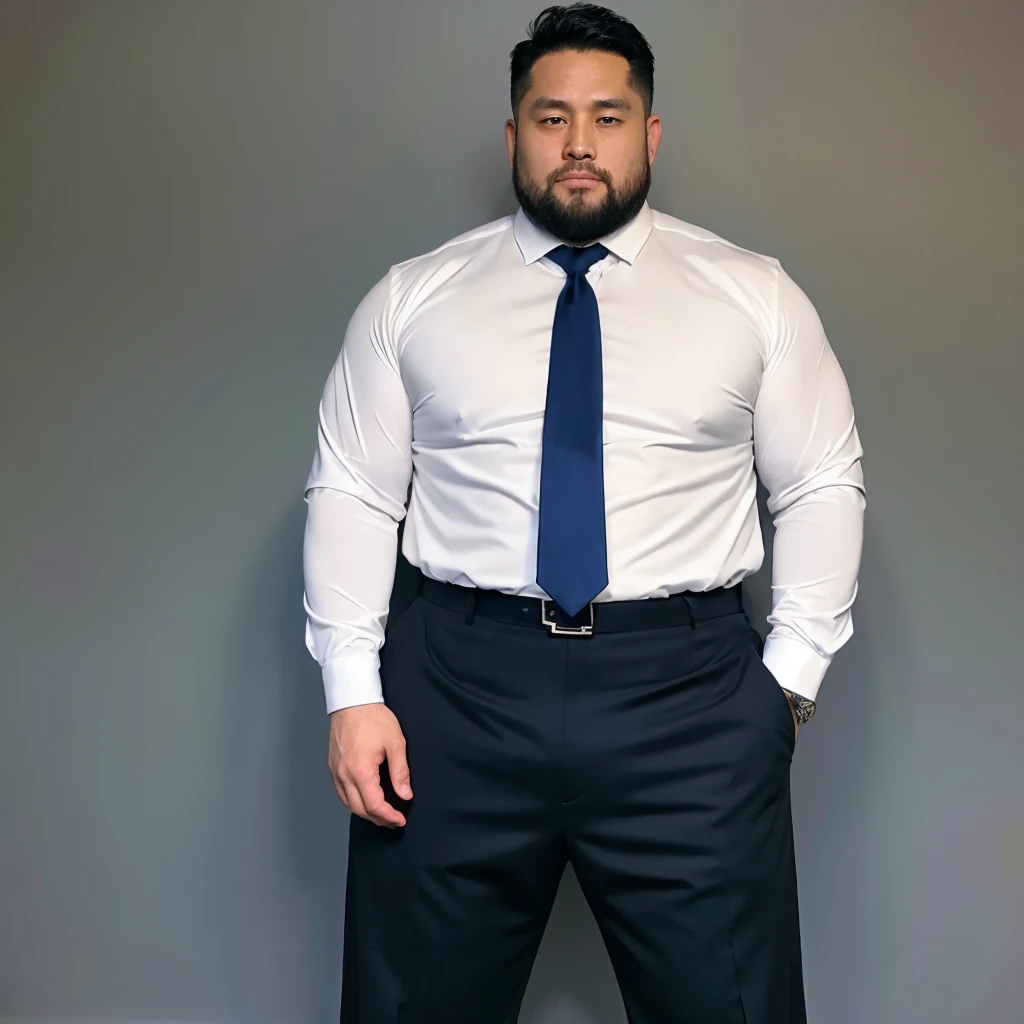 big, Fat Japanese man in a suit、whole body、office、Thick legs、Thick arm muscles、Intimidating、short hair、Kind Face、Long sleeve black jacket、Black trousers、Tight arm circumference、Long trousers、Tight suspension、Blue tie、tight white shirt、Groin bulge、Shirt tucked into pants、A very good rugby player、Intimidating、Having sex、Shiny black trousers、40 years old、tall