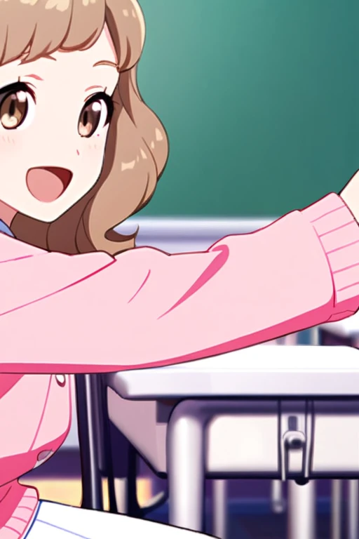 A beautiful young student girl smiling, long brown curls, light brown eyes, white skirt, pink cardigan, in a classroom