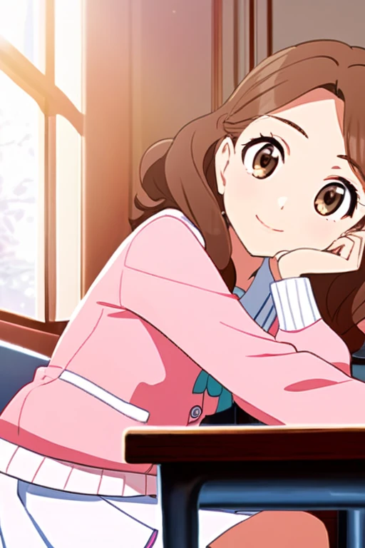 A beautiful young student girl smiling, long brown curls, light brown eyes, white skirt, pink cardigan, in a classroom