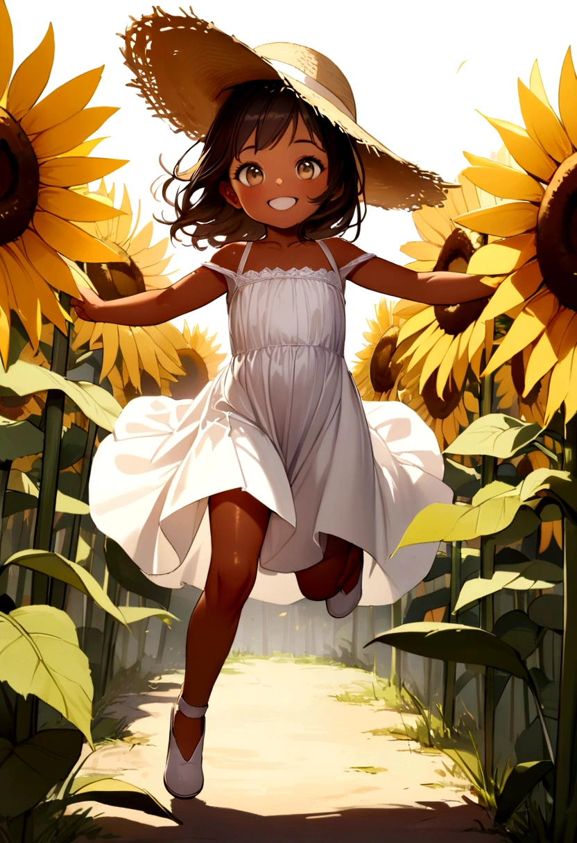 ((masterpiece)),((Highest quality)),((High resolution)),((Anatomical)),((Realistic)),((Detailed Description)),((Perfect lighting)),((8K)),((cute)),((Big sunflower field)),(((One ))),(((Lori))),(((ral))),((8-year-old)),((eyes)),((Baby Face)),((low length)),((Petite)),((slender)),((smile)),((White teeth)),((((Deep tan)))),((Full body view)),((Pure white dress)),((Straw hat)),((Sprinting)),