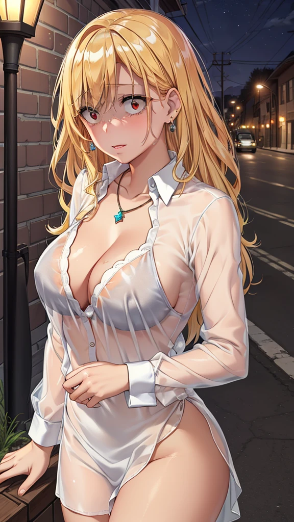 (masterpiece, Highest quality:1.2),(Shiny skin:1.6), Upper Body, Detailed cloth texture, Detailed hair texture, One girl, alone, girl sexy pose, Long eyelashes, Part your lips, shining pink lips, Red eyes, (The body is slim:1.1), (Beautiful blonde hair:1.2), (Large Breasts:1.3), Floating Hair, (bangs), (school uniform,See-through white shirt:1.2), (Cleavage), (necklace, Earrings), Scared、View your viewers, (Cowboy Shot:1.5), Outdoor、Night Road、Street lamp、Tied to a telephone pole