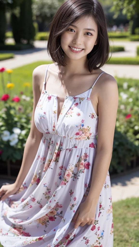 masterpiece, highest quality, disorganized, perfect anatomy, 1 girl, alone, pascal tales, short hair, beautiful, Hilarious, sunny day, botanical garden, Summer winds, sundress, Floral, wavy hair, smile