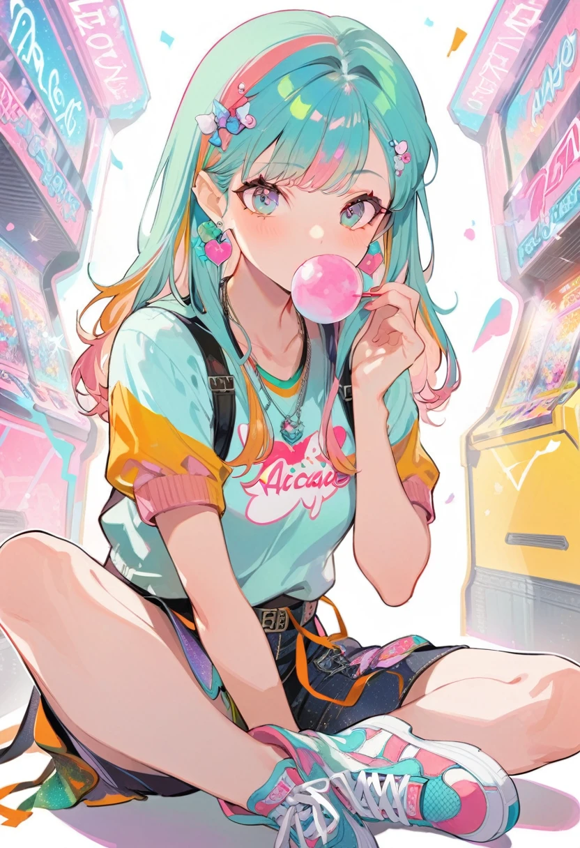1girl, eating bubble gum, multi colored hair, shoulder length hair, retro outfit, sneakers, side eye, sitting, hyper pop, at arcade, retro vibe, outline, masterpiece, best quality, 