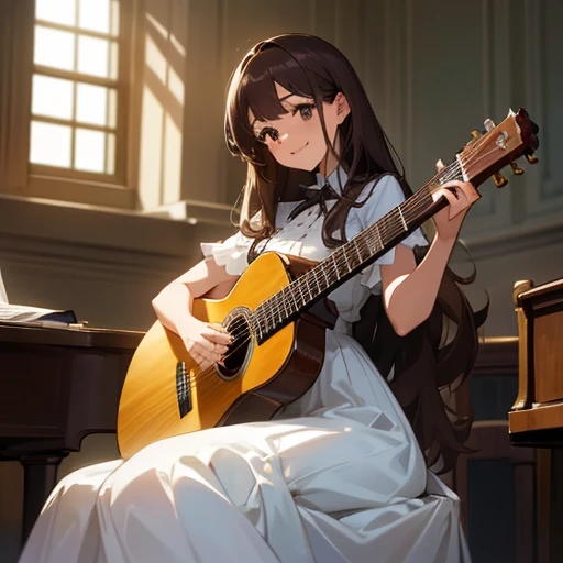 Music Teacher, woman, Brown Hair, long hair, White fluttering dress, Classical Guitar, smile