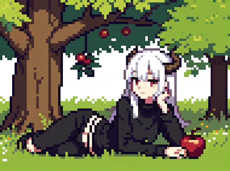 Woman resting under an apple tree,White hair,It has black dragon horns,Black casual wear