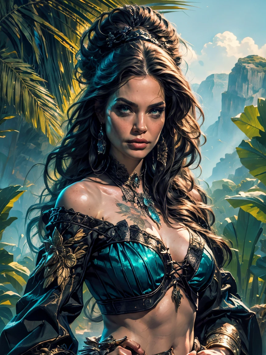 a young sea witch from the early 18th century based on Angelina Jolie, dungeons and Dragons 5th edition fantasy illustration, highly detailed cinematic fantasy portrait, black outlining, full color illustration, in the style of BORIS VALLEJO & JULIE BELL, masterpiece, 8k, ultra-detailed, physically-based rendering, vivid colors, dramatic lighting, intricate background, fantasy, photorealistic