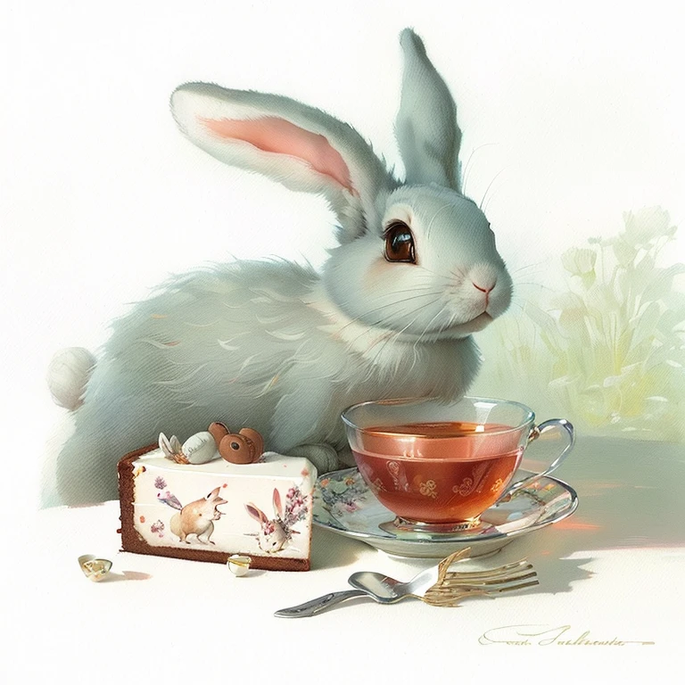 Rabbit Painting, sitting next to a cup of tea and a piece of cake, Mark Davis artwork, Anthropomorphic rabbit, Caroline Chariot-Dayez, the White Rabbit, Mark Davis, Alison Kinnaird, White Rabbit, Rabbit, Heather Theurer, Annie Stegg Gerard, Rob McNaughton, cute anthropomorphic Rabbit, artistic illustration