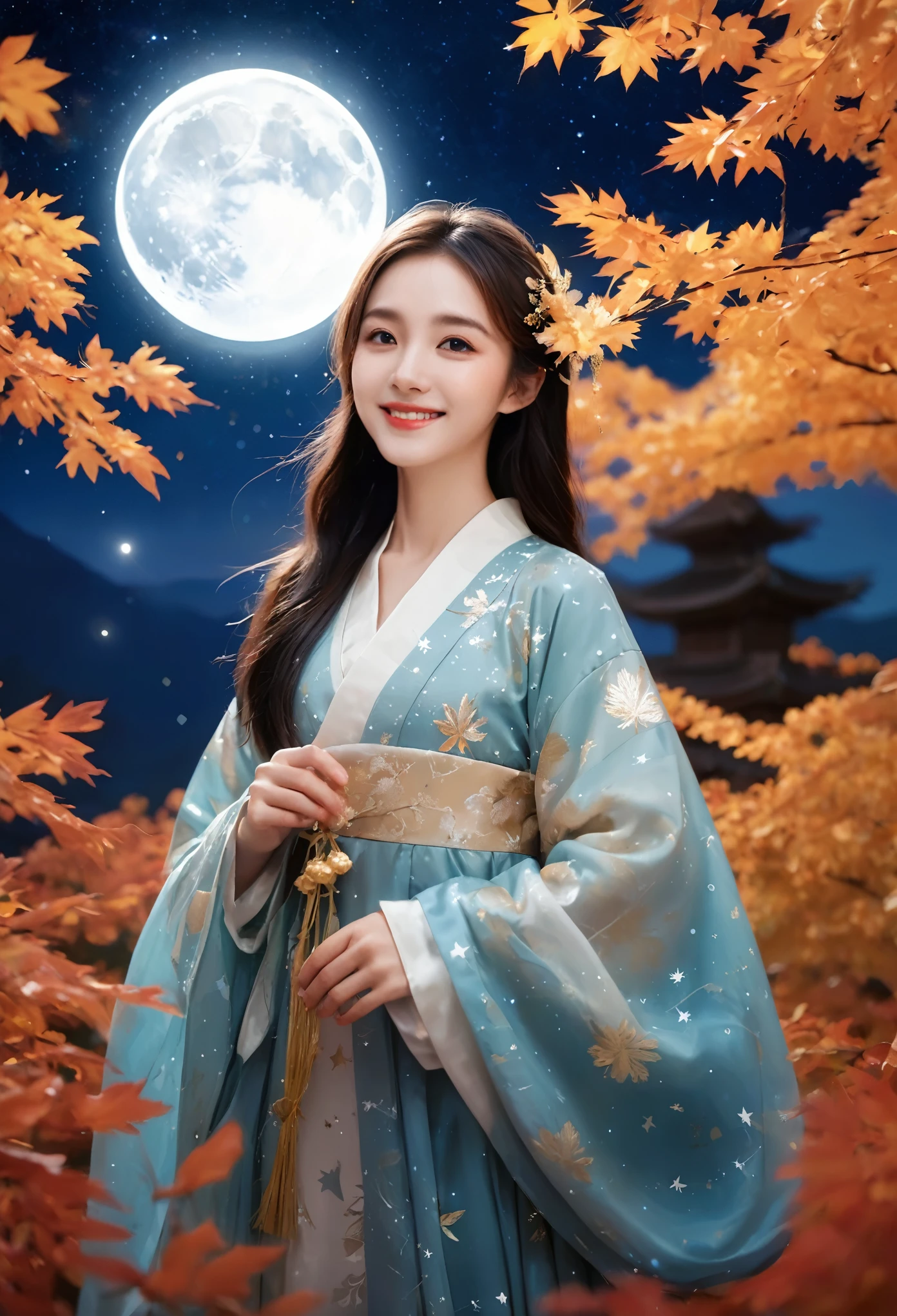 (masterpiece, best quality:1.2), full moon,The Great Moon,moonlight,1girl,Dynamic pose,Girl's posture,autumn leaves,black hair,cloud,constellation,flower,galaxy,lantern,leaf,light particles,long hair,long sleeves,night,Turn your back to the camera, look sideways, full body,Blue Hanfu,Mid to Long Range,Standing on the stone paved path,maple leaf,milky way,mountain,mountainous horizon,nature,night sky,orange flower,outdoors,sky,smile,solo,space,standing,star \(sky\),starry sky,starry sky print,tree,yellow flower,glow,Hazy light,Floodlight,Light effects,Optical particle,Luminous,High brightness contrast,XCYP Lady Hand,