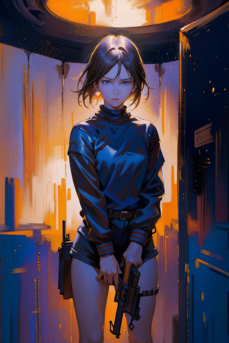detailed full body portrait，(Girl with a terrified expression), (Holding a shotgun:1.0)、(mandy jurgens) A realistic painting was created, transformation, Figurative art, Detailed Description, Realistically, Artwork, Contour，  Colorful Noise, Visual clutter,Modern aesthetics、(Cowboy Shot), SFW, (masterpiece), (Highest quality:1.0), (Ultra-high resolution:1.0),  (Inside the spaceship, LED Light, Scattered Scenery)