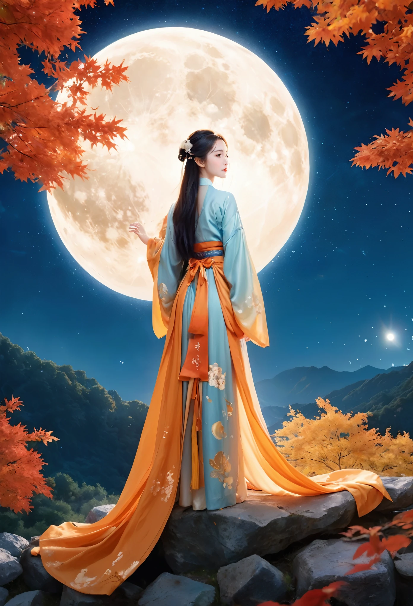 (masterpiece, best quality:1.2), full moon,The Great Moon,moonlight,1girl,Dynamic pose,Girl's posture,autumn leaves,black hair,cloud,constellation,flower,galaxy,lantern,leaf,light particles,long hair,long sleeves,night,Turn your back to the camera, look sideways, full body,Blue Hanfu,Mid to Long Range,Standing on the stone paved path,maple leaf,milky way,mountain,mountainous horizon,nature,night sky,orange flower,outdoors,sky,smile,solo,space,standing,star \(sky\),starry sky,starry sky print,tree,yellow flower,glow,Hazy light,Floodlight,Light effects,Optical particle,Luminous,High brightness contrast,XCYP Lady Hand,