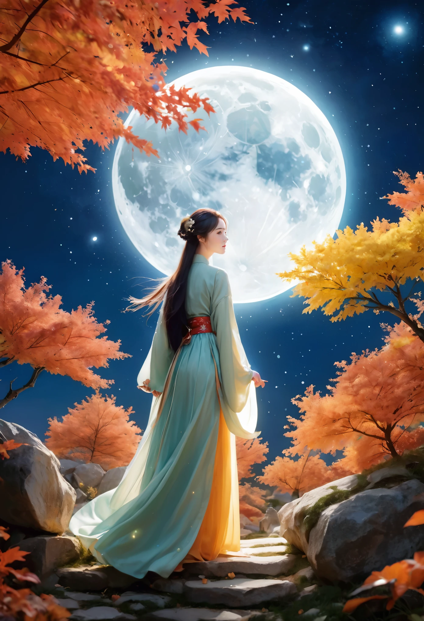 (masterpiece, best quality:1.2), full moon,The Great Moon,moonlight,1girl,Dynamic pose,Girl's posture,autumn leaves,black hair,cloud,constellation,flower,galaxy,lantern,leaf,light particles,long hair,long sleeves,night,Turn your back to the camera, look sideways, full body,Blue Hanfu,Mid to Long Range,Standing on the stone paved path,maple leaf,milky way,mountain,mountainous horizon,nature,night sky,orange flower,outdoors,sky,smile,solo,space,standing,star \(sky\),starry sky,starry sky print,tree,yellow flower,glow,Hazy light,Floodlight,Light effects,Optical particle,Luminous,High brightness contrast,XCYP Lady Hand,