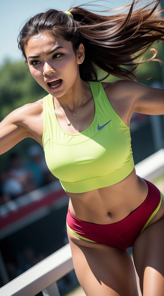 Design a dynamic scene of a Malaysian woman wearing sportswear, Mid-jump engaging in high energy sports, Showing off his toned physique and athleticism.
