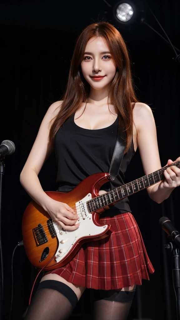 ((best quality)), photorealistic, photorealism, Photorealistic, high resolution, school girl blazer、 black tank top、Red checked knee-length skirt、Long skirt、JK Style、Jacket、smile、Knee-high socks、Thigh-high socks、pantyhose、A superb beauty、Super cute、ennui、Rare beauty、Very Short hair、Aestethic tatoo, Black Dark Eyeshadow、Sad、white skin、pale skin, short hair straightener、Dark Gothic Makeup、Cute Smile、Fragrant beauty、Stained glass background、Mastepiece、Best Quality、Refers to 5 books、Sweat glistening on my chest、Sweat glistening on my face、Large breasts、Huge breast、Red hair、Age 20 years old、Mysterious look、A sad expression、Red Hair、mysterious gothic church、enchanting castle、Sweating profusely all over the body、A lot of sweat and light on the thighs、Shiny thighs、Plenty of sweat glistening on the thighs、A large amount of sweat glistens on my thighs、Sweating profusely、Gal、Large breasts、beautiful face、Alluring expression、Thin thighs、Playing electric guitar、I have an electric guitar、Sing a song enthusiastically、Playing guitar in a band、Playing guitar chords、Live House Background、Sing a song、Open your mouth、Live house scenery、Mike stand、Glamorous live stage、Dynamic Angle、cinematic lighting, backlight lighting