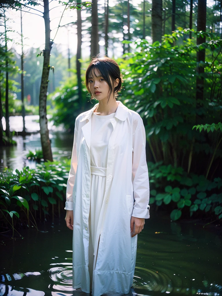 Best quality, ultra high res, full body shot from a danish pretty women wearing white transparent raincoat with floral sundress standing in between fallen trees and looking around, she is submerged in water in the dark swamps, realistic skin, rain drop, dynamic light and shadow, cinematic lighting, dynamic angle, short hair, perfect face and eyes, zenit analog camera shot with 35mm lens f/2.0, beautiful bokeh, cinematic film looks, aesthetic photorealistic, original photo in 2024