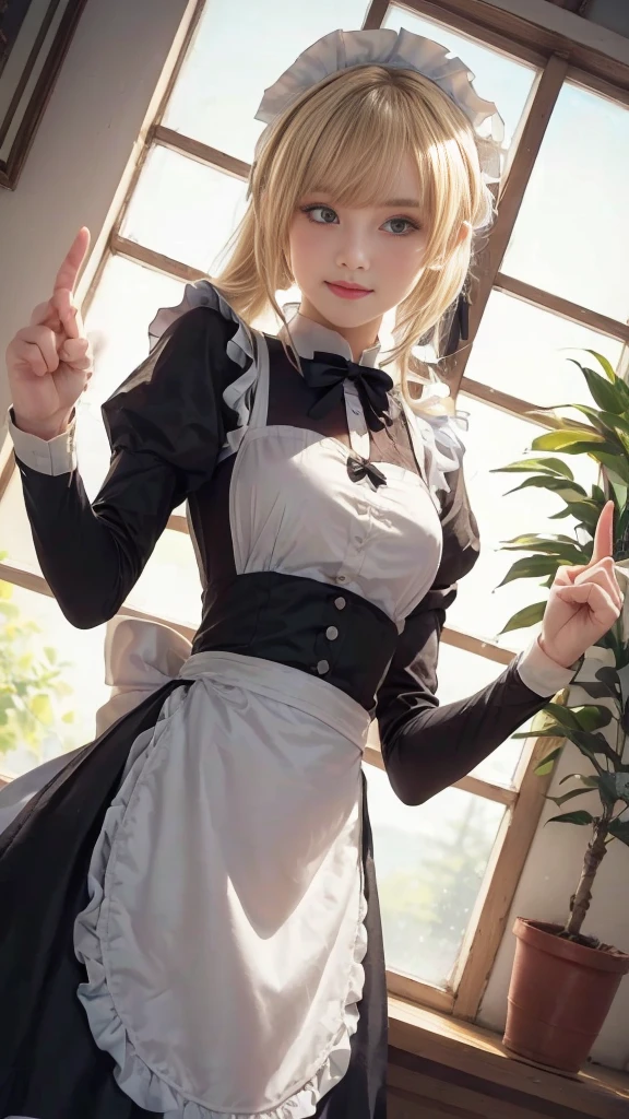 anime character dressed in Maid outfit standing in front of a window, anime girl in a Maid costume, Maid outfit, gorgeous Maid, Maid, Beautiful and detailed anime art, Maid dress, anime cat girl in a Maid costume,  in dress, a Maid in a magical forest, Catboy Cosplay! Maid! dress, From Girls Frontline, wearing Maid uniform, (((Holding up the middle finger:1.3, Fuckn:1.3))), (Detailed hands and fingertips:1.1), (Detailed eyes and face:1.2), (Perfect Anatomy:1.2), (Blonde Hair:1.2), Beautiful breasts, pot, ribbon, (Beautiful Face, Baby Face:1.2, Idol Face), Slender body line, Small and slender figure, (Highest quality, 8k, masterpiece:1.2), Ultra-detailed, (Reality:1.4), Narrow waist