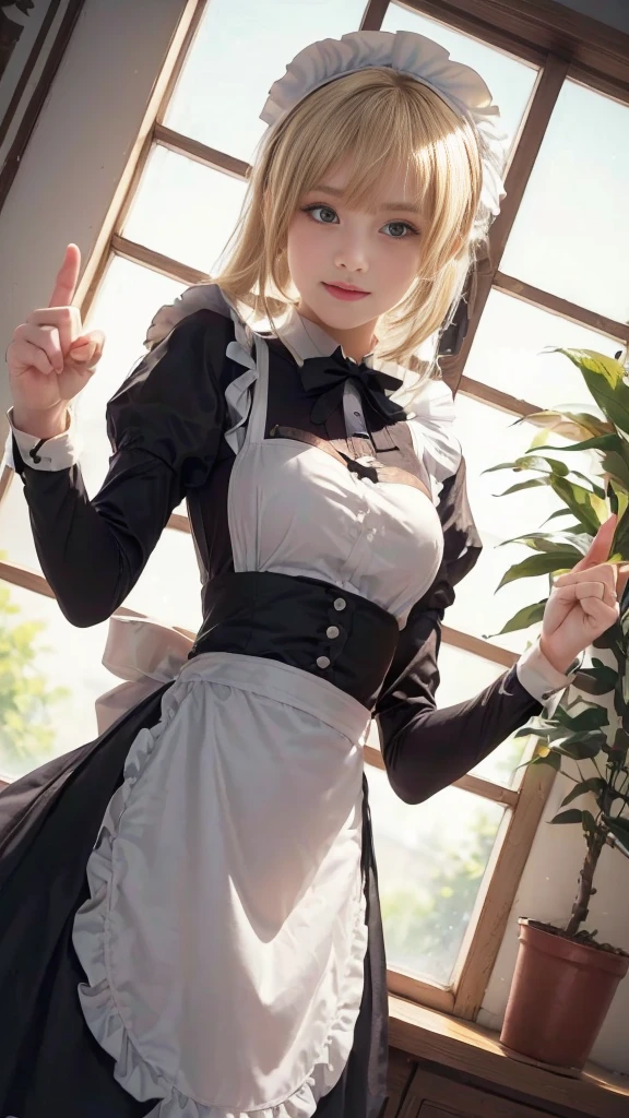 anime character dressed in Maid outfit standing in front of a window, anime girl in a Maid costume, Maid outfit, gorgeous Maid, Maid, Beautiful and detailed anime art, Maid dress, anime cat girl in a Maid costume, in dress, a Maid in a magical forest, Catboy Cosplay! Maid! dress, From Girls Frontline, wearing Maid uniform, (((Holding up the middle finger:1.3, Fuck sign:1.3))), (Detailed hands and fingertips:1.1), (Detailed eyes and face:1.2), (Perfect Anatomy:1.2), (Blonde Hair:1.2), Beautiful breasts, flower pot, ribbon, (Beautiful Face, Baby Face:1.2, Idol Face), Slender body line, Small and slender figure, (Highest quality, 8k, masterpiece:1.2), Ultra-detailed, (Reality:1.4), Narrow waist
