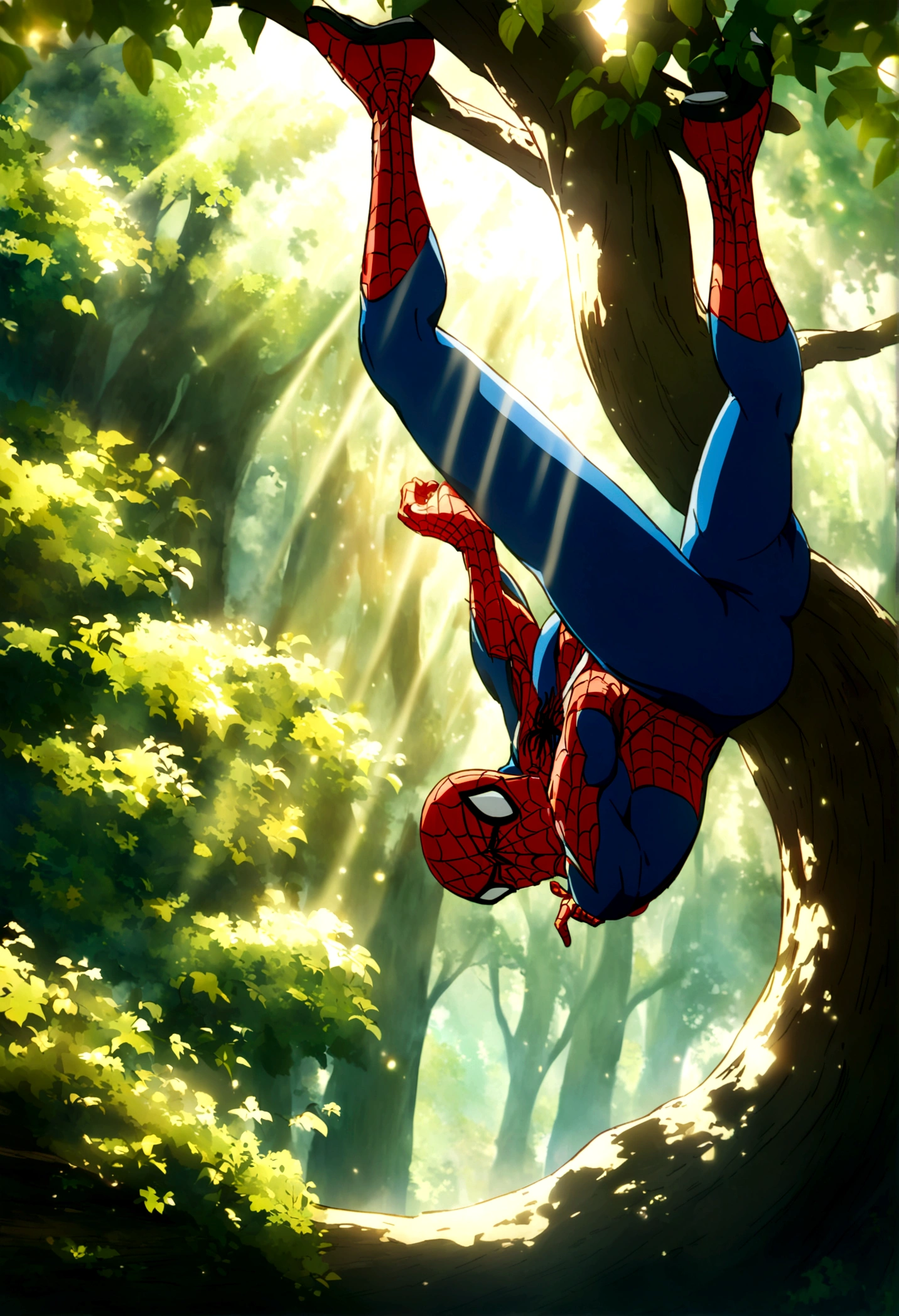 Spider-Man hanging upside down from a tree branch in a peaceful forest, anime styled, with Makoto Shinkai's signature lighting and detailed background. Sunrays filtering through leaves, vibrant greenery, serene atmosphere. Highly detailed, hd quality, natural look