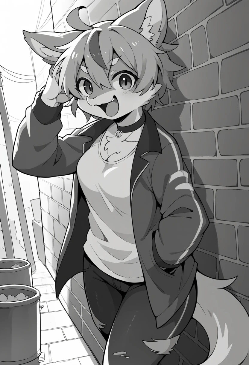 cover page, highres, top quality, best quality, paid reward available, unparalleled masterpiece, perfect artwork, absurdres, High-quality illustrations, laughing, perfect anatomy, lineart, monochrome, 1girl, kemono, furry, anthro, choker, shirt, torn legwear, open jacket, against wall, brick wall, graffiti, dim lighting, alley, dynamic angle,