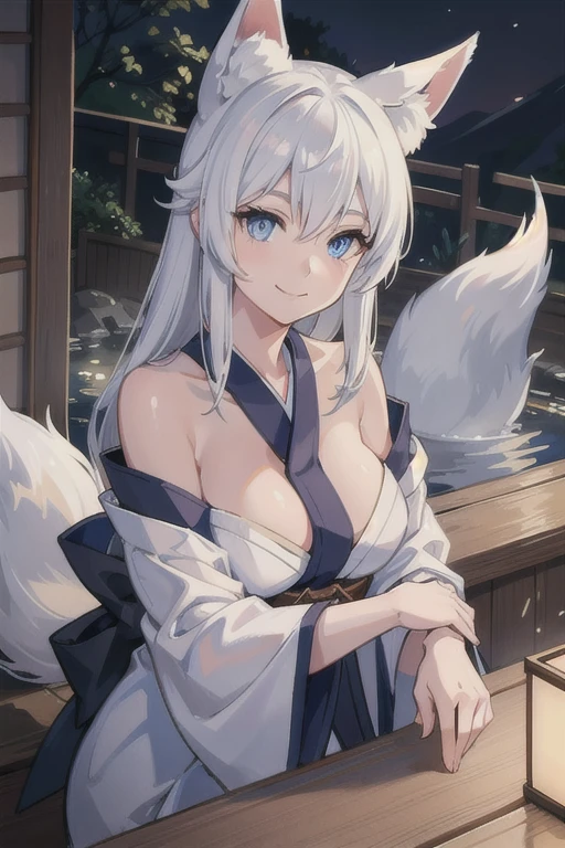 A masterful, photorealistic portrait of a beautiful young woman with striking white hair, fox ears, blue eyes and a fox tail, sitting in an onsen (hot spring) scene at night, wearing a traditional Japanese kimono, smiling softly with a serene expression, bathed in ambient lighting, viewed from an upper body perspective.