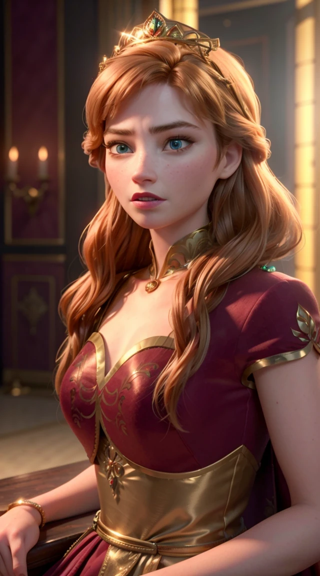 elegant detailed portrait of a beautiful regal queen woman named anna, ornate royal crown, intricate detailed golden jewelry, radiant glowing skin, piercing blue eyes, flowing wavy dark hair, delicate facial features, graceful posture, opulent red and gold velvet dress, lavish baroque palace interior, warm dramatic lighting, cinematic composition, digital painting, highly detailed, photorealistic, 8k, (best quality,4k,8k,highres,masterpiece:1.2),ultra-detailed,(realistic,photorealistic,photo-realistic:1.37),dramatic lighting,dramatic colors,volumetric lighting,chiaroscuro