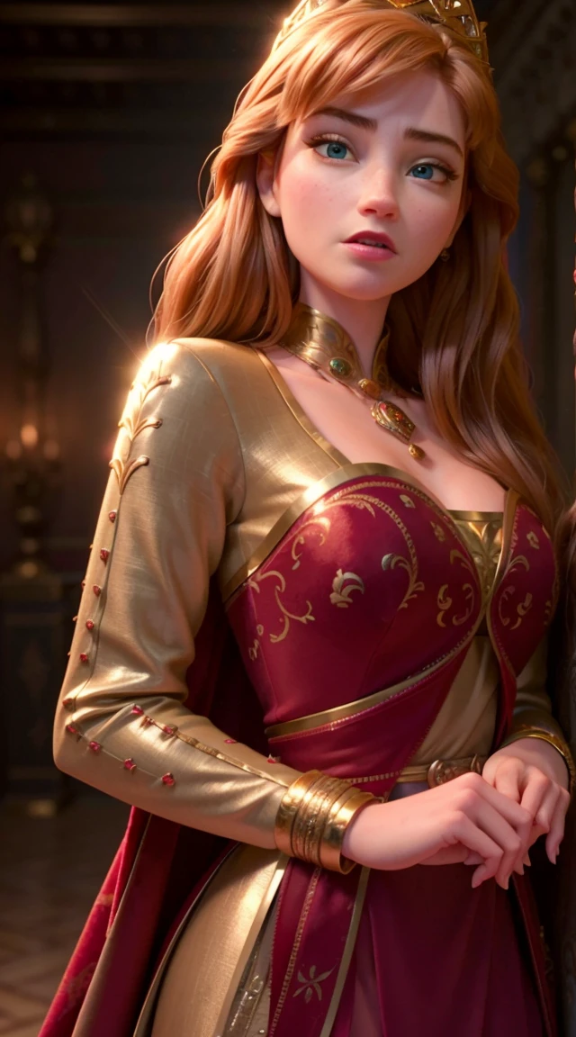 elegant detailed portrait of a beautiful regal queen woman named anna, ornate royal crown, intricate detailed golden jewelry, radiant glowing skin, piercing blue eyes, flowing wavy dark hair, delicate facial features, graceful posture, opulent red and gold velvet dress, lavish baroque palace interior, warm dramatic lighting, cinematic composition, digital painting, highly detailed, photorealistic, 8k, (best quality,4k,8k,highres,masterpiece:1.2),ultra-detailed,(realistic,photorealistic,photo-realistic:1.37),dramatic lighting,dramatic colors,volumetric lighting,chiaroscuro