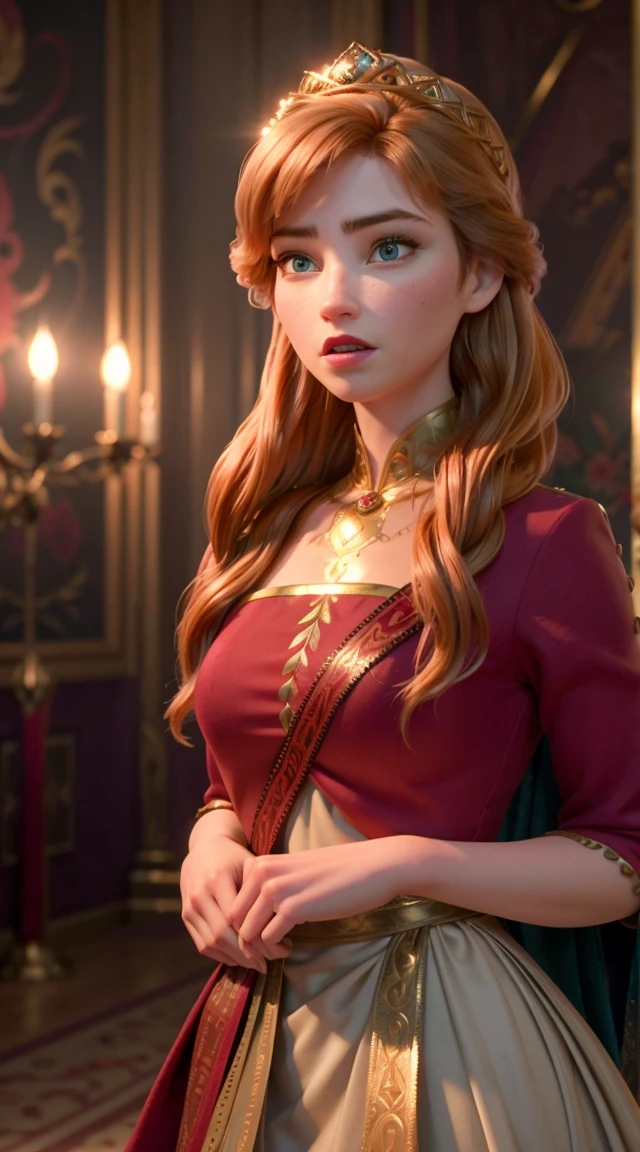 elegant detailed portrait of a beautiful regal queen woman named anna, ornate royal crown, intricate detailed golden jewelry, radiant glowing skin, piercing blue eyes, flowing wavy dark hair, delicate facial features, graceful posture, opulent red and gold velvet dress, lavish baroque palace interior, warm dramatic lighting, cinematic composition, digital painting, highly detailed, photorealistic, 8k, (best quality,4k,8k,highres,masterpiece:1.2),ultra-detailed,(realistic,photorealistic,photo-realistic:1.37),dramatic lighting,dramatic colors,volumetric lighting,chiaroscuro