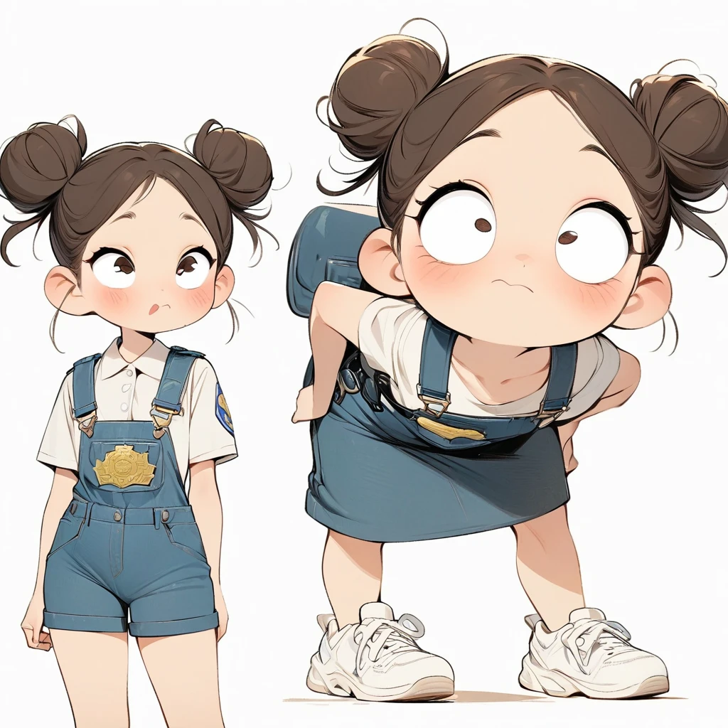 (masterpiece, best quality:1.2), cartoonish character design。Pure white background，1 girl, big eyes，cute expression，Two hair buns，police uniform，Overalls，White sneakers，stand，interesting，interesting，clean lines
