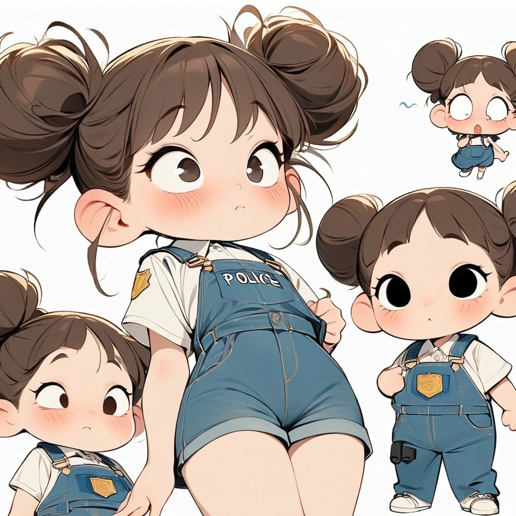(masterpiece, best quality:1.2), cartoonish character design。Pure white background，1 girl, big eyes，cute expression，Two hair buns，police uniform，Overalls，White sneakers，stand，interesting，interesting，clean lines