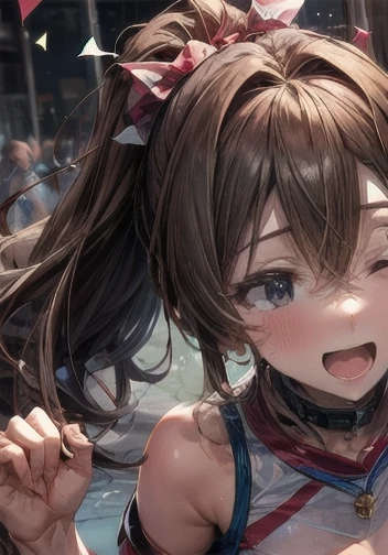 nsfw,1girl, minako satake (million live), brown hair, ponytail, (best quality, 8K, masterpiece, ultra detailed:1.2), (lens flare, light particles, sparkle), depth of field, day, dappled sunlight, 1girl, solo, cheerleader, pom pom \(cheerleading\), seductive smile, cinematic angle, head tilt, cowboy shot, (outdoors, street), carousel, wind, backlighting, shadow, confetti, :d,