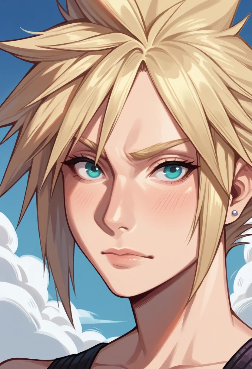 Close-up of a person holding a sword in the street, cloud strife, portrait of cloud strife, from Final Fantasy vii, Final Fantasy 7, From FF7, ff7 ..., cloud, from Final Fantasy, Final Fantasy face, Final Fantasy character, Final Fantasy, Final Fantasy, Final Fantasy, square Enix, The final nail, Close-up portrait shot