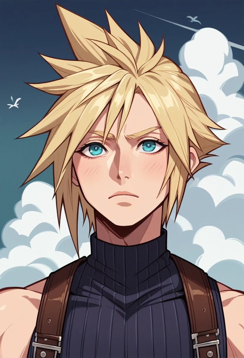 Close-up of a person holding a sword in the street, cloud strife, portrait of cloud strife, from Final Fantasy vii, Final Fantasy 7, From FF7, ff7 ..., cloud, from Final Fantasy, Final Fantasy face, Final Fantasy character, Final Fantasy, Final Fantasy, Final Fantasy, square Enix, The final nail, Close-up portrait shot