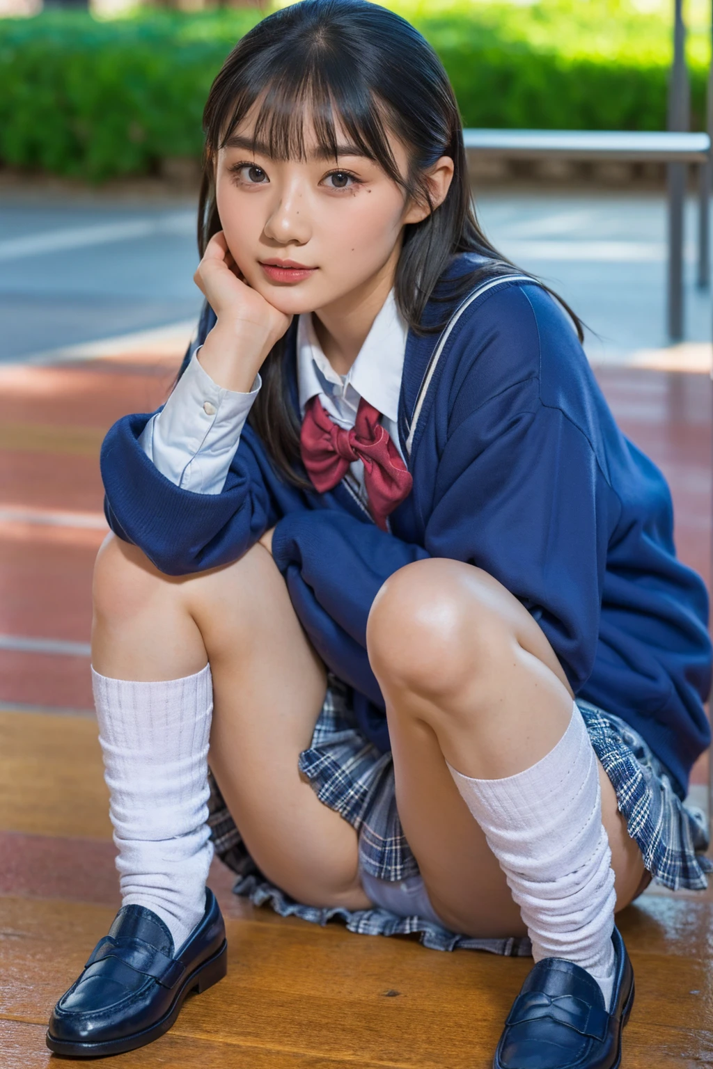 (photorealistic:1.4), best quality, masterpiece, raw 32k photo, (extremely detailed japanese beautiful girl), (extremely detailed eyes:1.2),(cute face:1.2), ultra-detailed, ultra high res, amazing, BREAK,sitting,
(school uniform:1.5),detailed school girl, (disneyland:1.3), beautiful detailed girl, bangs, cute face, miniskirt,(loafers),(baggysocks),((panties))