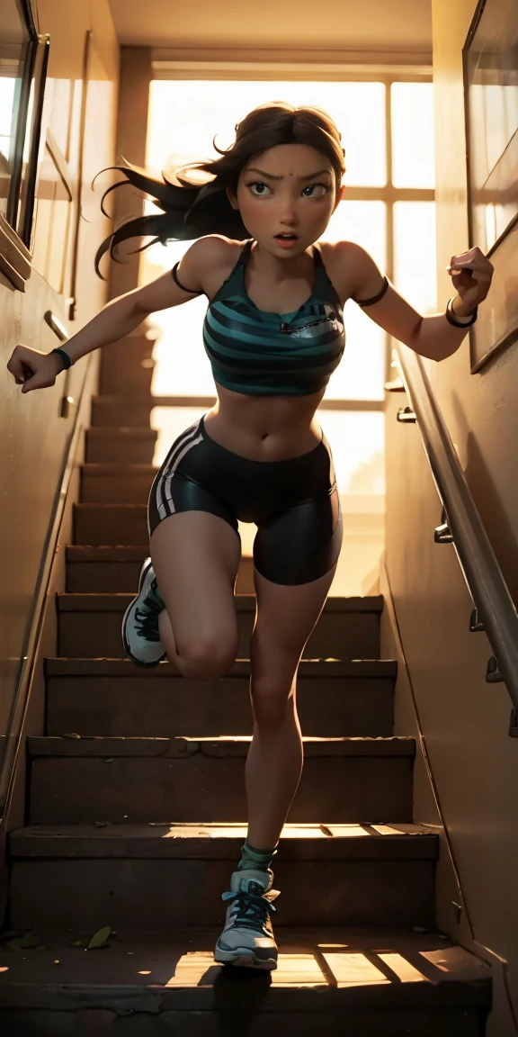woman racing down the stairs