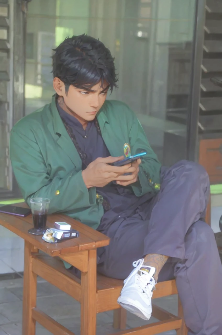 Zoro, sozinho, Olhando para o Viewer, sorrir, short hair, olhos vermelhos, 1st grade, propriedade, jewelries, parte superior do corpo, arma, Foco masculino, Brincos, Roupas japonesas, cabelos verdes, Chifres, espada, quimono, segurando arma, de lado, tatuagem, brilhante, cicatriz, segurando espada, Katana, cicatriz no rosto, cicatriz no olho, Detailed muscle physique, photorealistic representation, 4k resolution. Background Story: Dojo de artes marciais,UHD 32k, melhor qualidade, master part, Super Detalhe, Detalhes altos, ((strong man)).