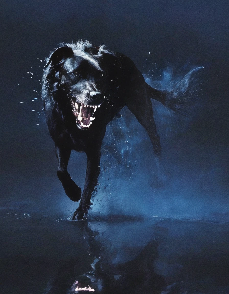 fashion shoot of giant running black dog  in darkness  at night, blue background